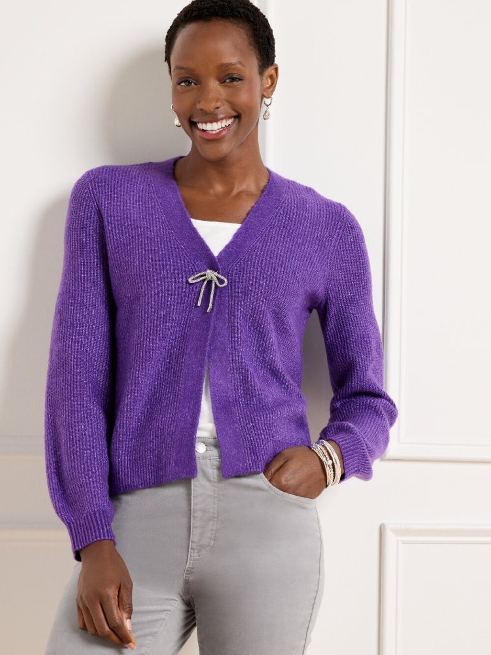 Talbots Bow Trim V-Neck Cardigan NWT